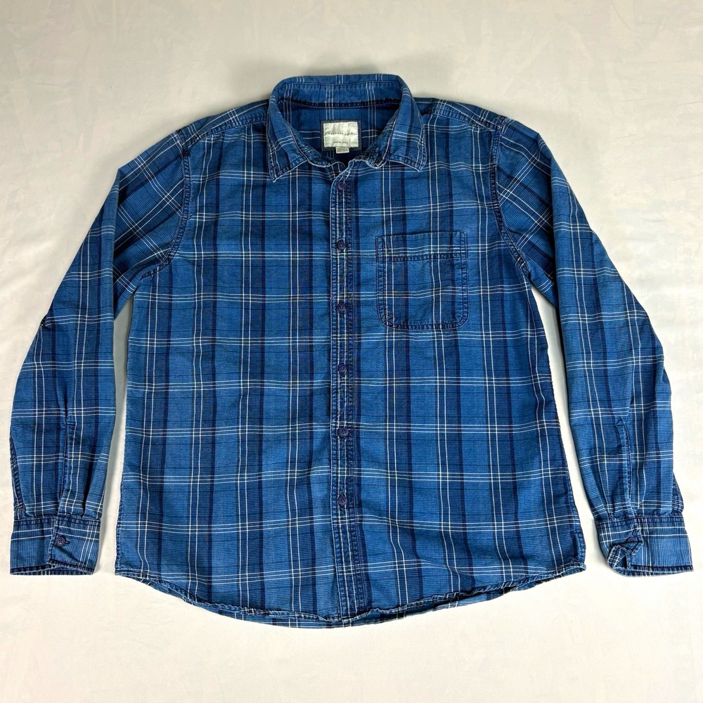 American Eagle Mens Large Blue Plaid Super Soft Button Up Shirt Long Sleeve